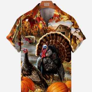 Men's Hawaiian Shirt - Funny Thanksgiving Turkey Print Casual Holiday Shirt
