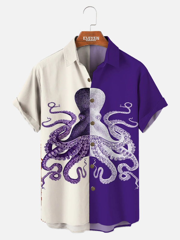 Men's Hawaiian Shirt - Deep Sea Octopus Print Polyester Ocean-Inspired Casual Summer Shirt
