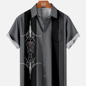 Men's Hawaiian Shirt - Retro Pinstripe Bowling Style Polyester Casual Summer Shirt