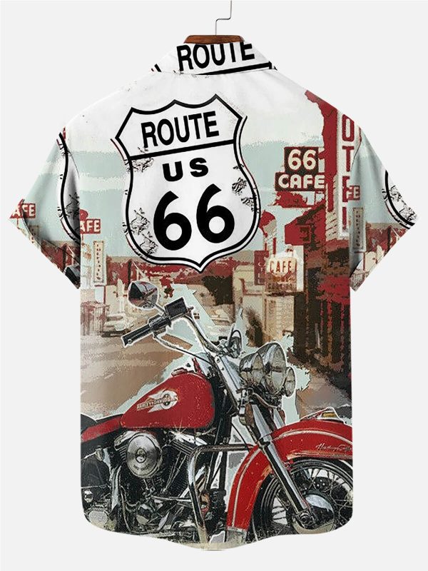 Men's Hawaiian Shirt - Vintage Motorcycle and Route 66 Road Trip Print Polyester Summer Shirt - Image 2