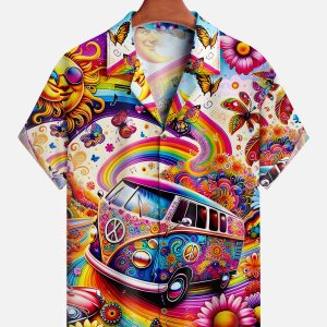 Men's Hawaiian Shirt - Psychedelic VW Minivan Retro Print Polyester Casual Summer Shirt