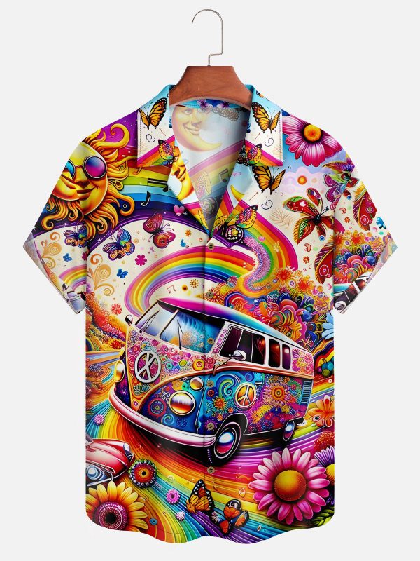 Men's Hawaiian Shirt - Psychedelic VW Minivan Retro Print Polyester Casual Summer Shirt