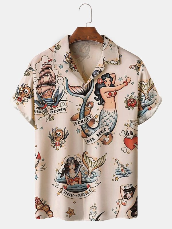 Men's Hawaiian Shirt - Sailor Tattoo Mermaids Print Vintage Nautical Polyester Summer Shirt