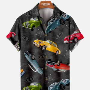 Men's Hawaiian Shirt - Nostalgic Retro Car Street Print Polyester Casual Summer Shirt