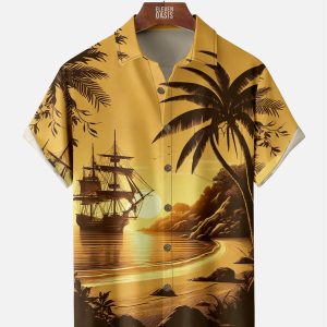 Men's Hawaiian Shirt - Distant Ship and Palm Tree Beach View Polyester Tropical Summer Shirt