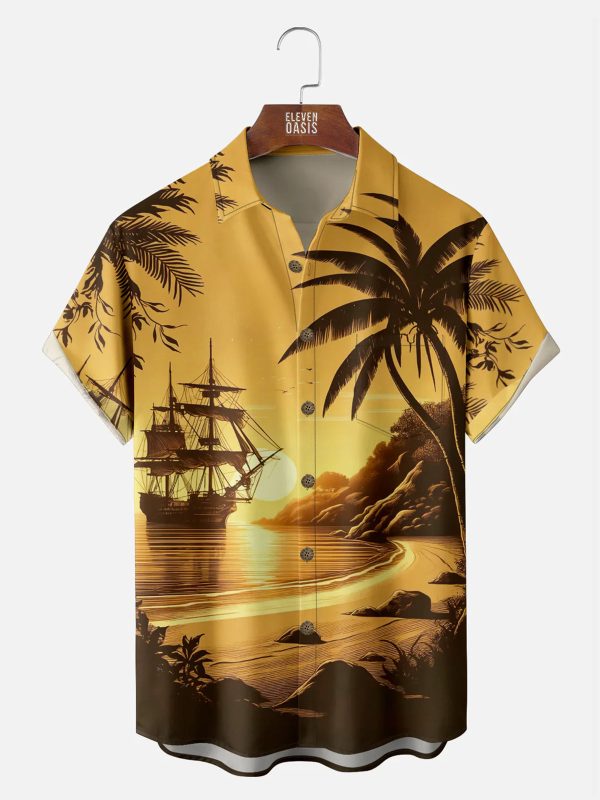 Men's Hawaiian Shirt - Distant Ship and Palm Tree Beach View Polyester Tropical Summer Shirt