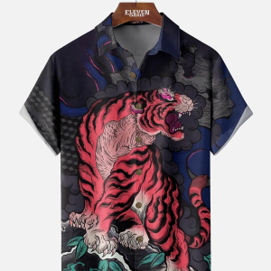 Men's Hawaiian Shirt - Majestic Tiger Print Inspired by Asian Art Polyester Summer Shirt