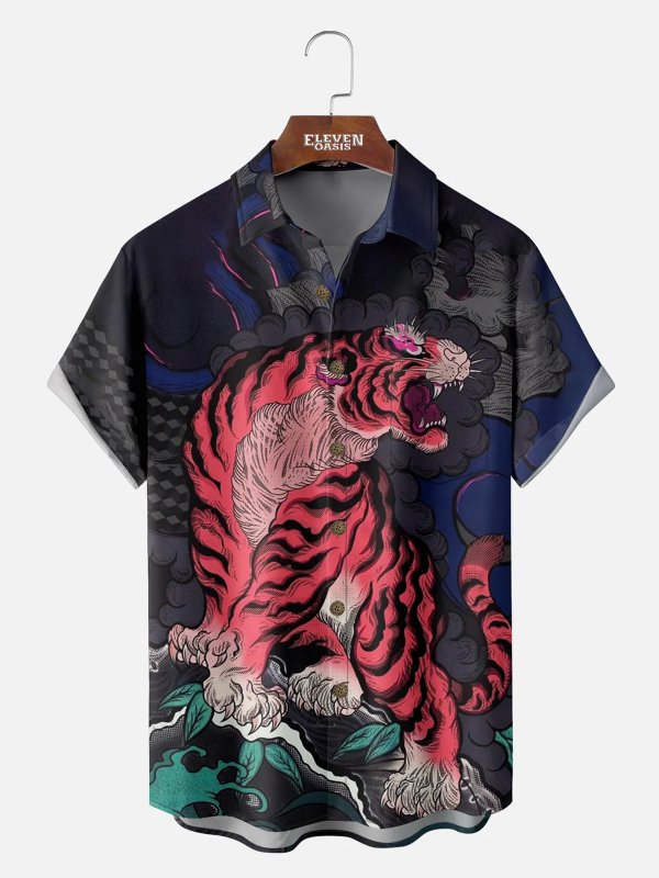 Men's Hawaiian Shirt - Majestic Tiger Print Inspired by Asian Art Polyester Summer Shirt