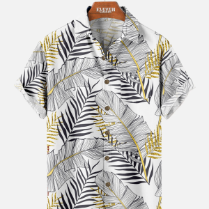 Men's Hawaiian Shirt - Golden White Leaf Foliage Print Polyester Summer Shirt