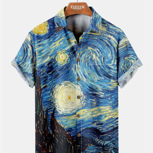 Men's Hawaiian Shirt - Retro Van Gogh Starry Night Art Print Summer Shirt