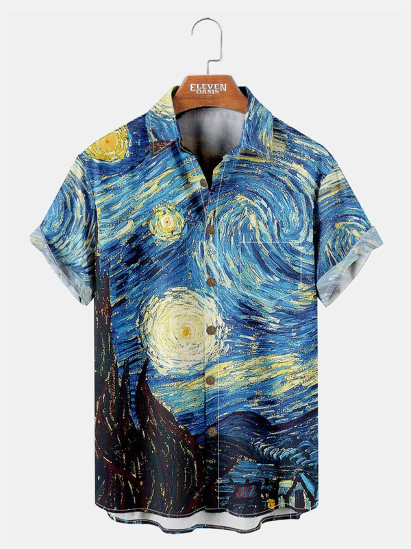Men's Hawaiian Shirt - Retro Van Gogh Starry Night Art Print Summer Shirt