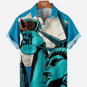 Men's Hawaiian Shirt - Statue of Liberty Drinking Martini Graphic Polyester Casual Summer Shirt