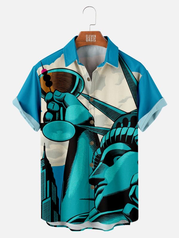 Men's Hawaiian Shirt - Statue of Liberty Drinking Martini Graphic Polyester Casual Summer Shirt
