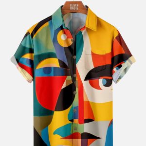 Men's Hawaiian Shirt - Abstract Art Face Design Casual Polyester Summer Shirt