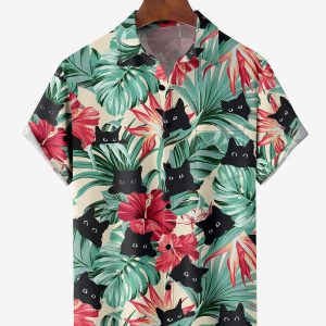 Men's Hawaiian Shirt - Black Cat and Floral Print Polyester Casual Summer Shirt
