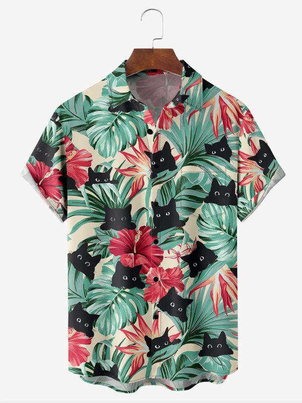 Men's Hawaiian Shirt - Black Cat and Floral Print Polyester Casual Summer Shirt