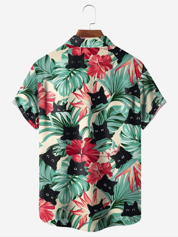 Men's Hawaiian Shirt - Black Cat and Floral Print Polyester Casual Summer Shirt - Image 2
