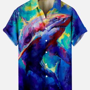 Men's Hawaiian Shirt - Shark Oil Painting Pattern Ocean-Inspired Polyester Summer Shirt