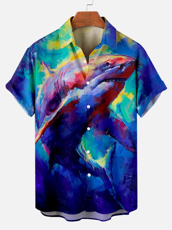Men's Hawaiian Shirt - Shark Oil Painting Pattern Ocean-Inspired Polyester Summer Shirt