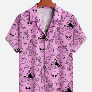 Men's Hawaiian Shirt - Aliens, Loch Ness, Big Foot Print Polyester Fantasy Summer Shirt