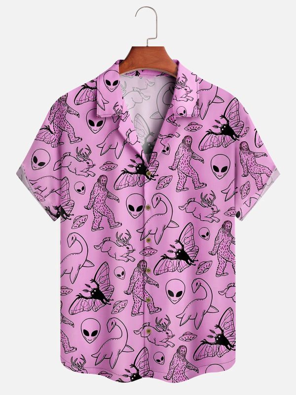 Men's Hawaiian Shirt - Aliens, Loch Ness, Big Foot Print Polyester Fantasy Summer Shirt