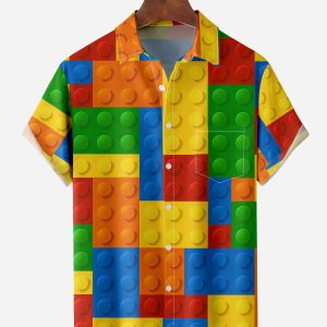 Men's Hawaiian Shirt - Lego Building Blocks Print Polyester Playful Summer Shirt