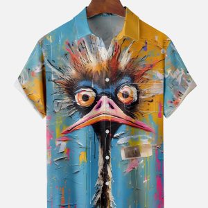 Men's Hawaiian Shirt - Funny Ostrich Bird Print Polyester Playful Summer Shirt