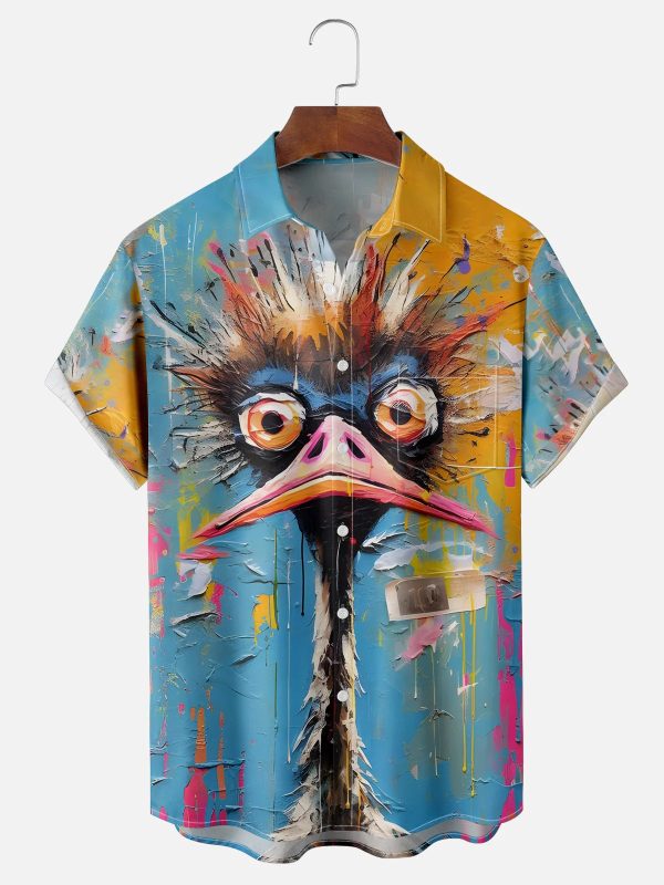 Men's Hawaiian Shirt - Funny Ostrich Bird Print Polyester Playful Summer Shirt