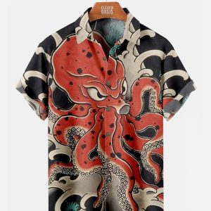 Men's Hawaiian Shirt - Japan-Inspired Vintage Octopus Ocean Print Polyester Summer Shirt