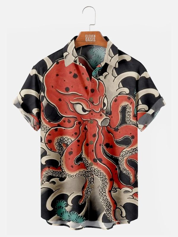 Men's Hawaiian Shirt - Japan-Inspired Vintage Octopus Ocean Print Polyester Summer Shirt