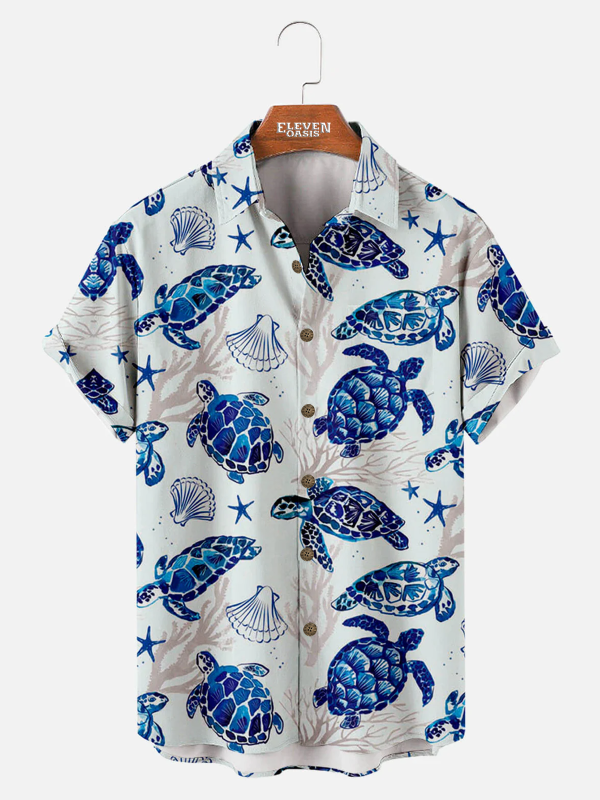 Men's Hawaiian Shirt - Turtle Mosaic Floral Print Lapel Summer Shirt
