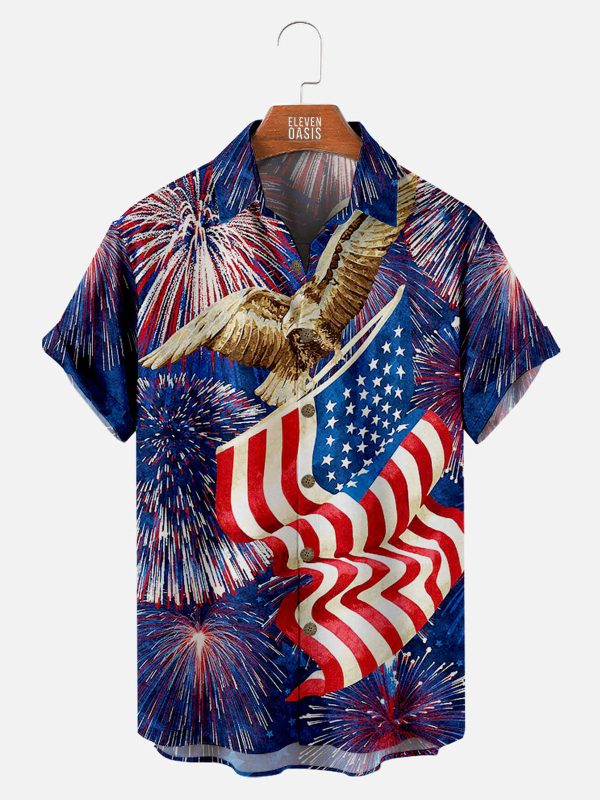 Men's Hawaiian Shirt - Independence Day Eagle & Firework American Flag Summer Shirt