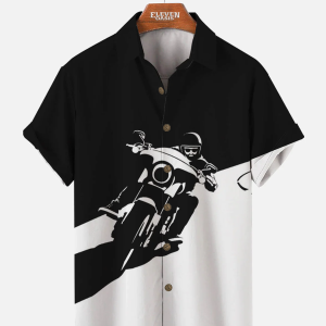 Men's Hawaiian Shirt - Motorcycle Print Biker Style Polyester Casual Summer Shirt