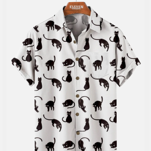 Men's Hawaiian Shirt - Black Cat Pattern Print Polyester Casual Summer Shirt