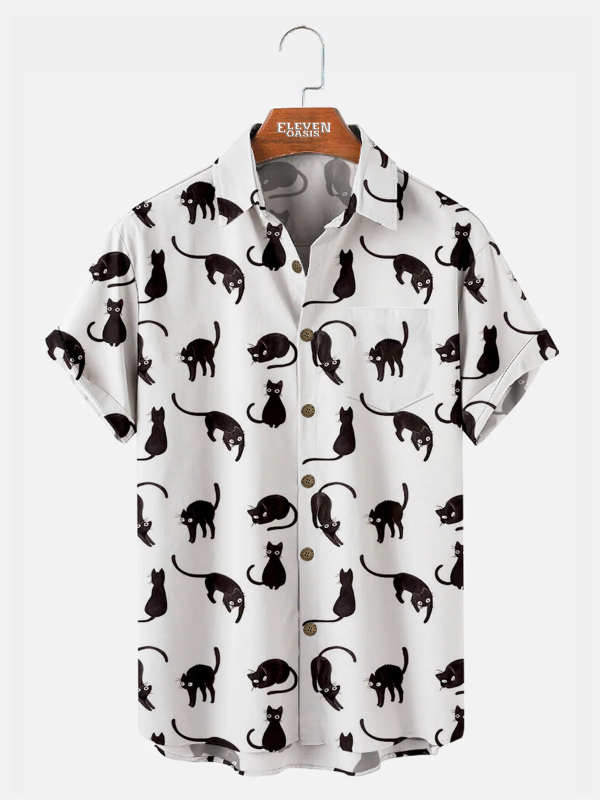 Men's Hawaiian Shirt - Black Cat Pattern Print Polyester Casual Summer Shirt