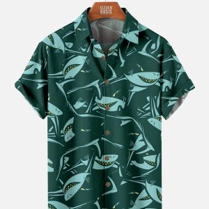 Men's Hawaiian Shirt - Deep Sea Shark Print Ocean Wildlife Summer Shirt