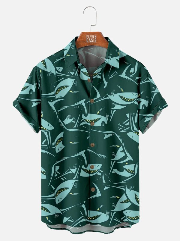 Men's Hawaiian Shirt - Deep Sea Shark Print Ocean Wildlife Summer Shirt