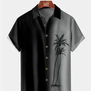 Men's Hawaiian Shirt - Gradient Coconut Tree Print Summer Casual Short Sleeve Shirt