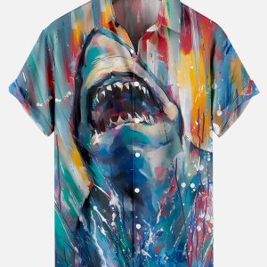 Men's Hawaiian Shirt - Shark Oil Painting Pattern Ocean-Inspired Polyester Summer Shirt