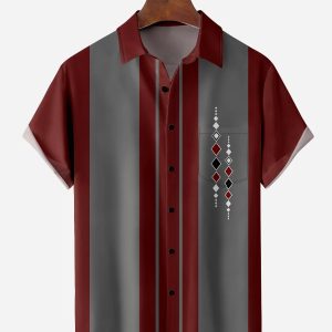Men's Hawaiian Shirt - Retro Geometric Pattern Bowling Style Polyester Casual Summer Shirt