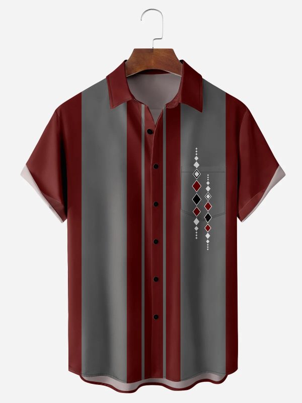 Men's Hawaiian Shirt - Retro Geometric Pattern Bowling Style Polyester Casual Summer Shirt