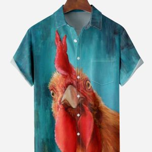 Men's Hawaiian Shirt - Funny Rooster Print Farm-Themed Polyester Casual Summer Shirt