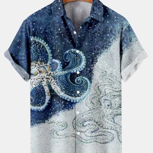 Men's Hawaiian Shirt - Nautical Octopus Sea Life Print Polyester Casual Summer Shirt