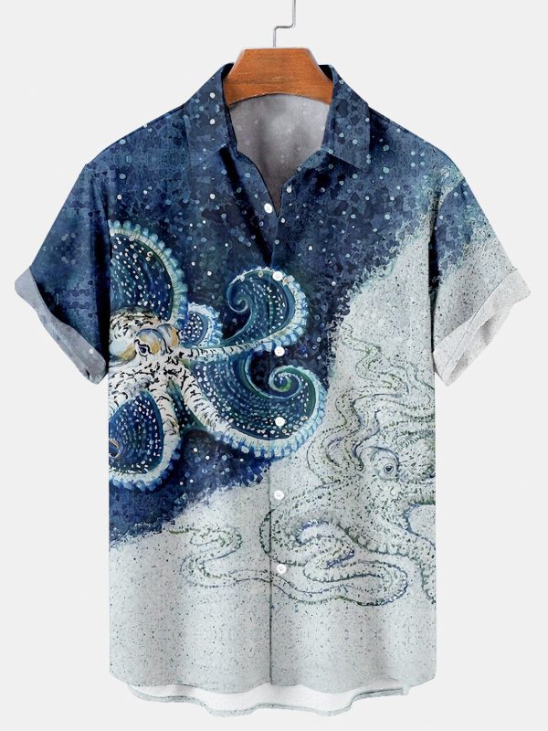 Men's Hawaiian Shirt - Nautical Octopus Sea Life Print Polyester Casual Summer Shirt
