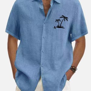 Men's Hawaiian Shirt - Tropical Coconut Tree & Cowboy Print Summer Shirt
