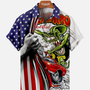 Men's Hawaiian Shirt - Vintage Car and American Flag Print Retro Summer Shirt