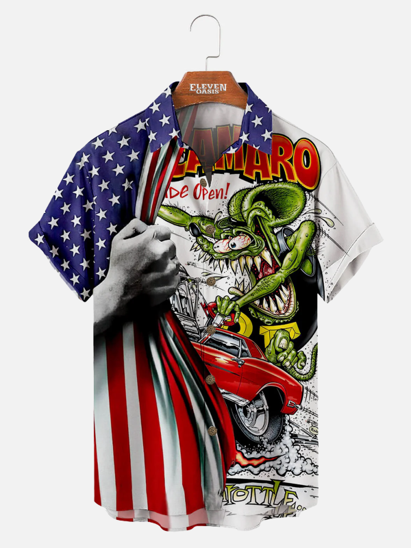 Men's Hawaiian Shirt - Vintage Car and American Flag Print Retro Summer Shirt