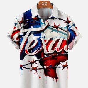 Men's Hawaiian Shirt - Texas State Flag Print Patriotic Polyester Casual Summer Shirt