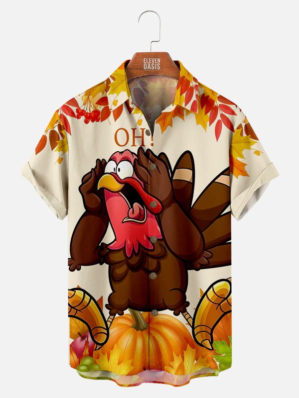 Men's Hawaiian Shirt - Funny Screaming Turkey Thanksgiving Cartoon Holiday Shirt