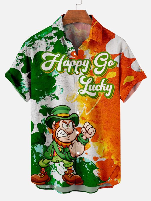 Men's Hawaiian Shirt - Happy Go Lucky Quote Print Polyester Cheerful Summer Style